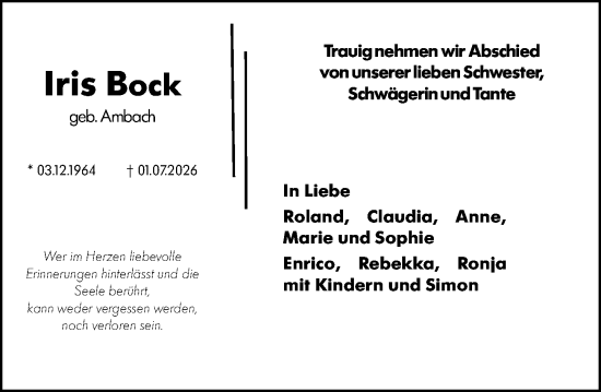Traueranzeige von Iris Bock von Allgemeine Zeitung Mainz