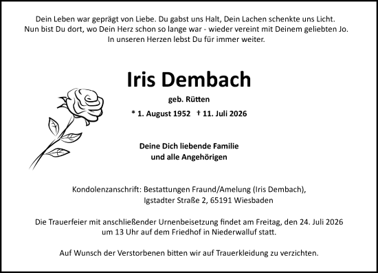 Traueranzeige von Iris Dembach von Wiesbadener Kurier