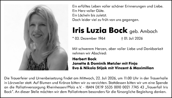 Traueranzeige von Iris Luzia Bock von Allgemeine Zeitung Mainz