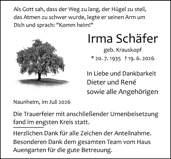 Traueranzeige von Irma Schäfer von Wetzlarer Neue Zeitung