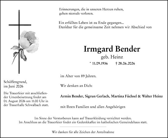 Traueranzeige von Irmgard Bender von Wetzlarer Neue Zeitung