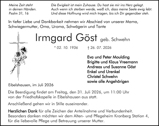 Traueranzeige von Irmgard Göst von Dill Block