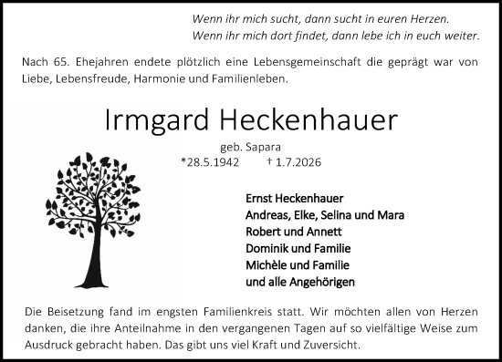 Traueranzeige von Irmgard Heckenhauer von Darmstädter Echo