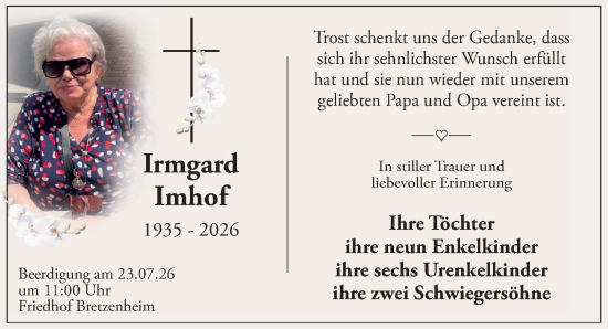 Traueranzeige von Irmgard Imhof von Allgemeine Zeitung Mainz