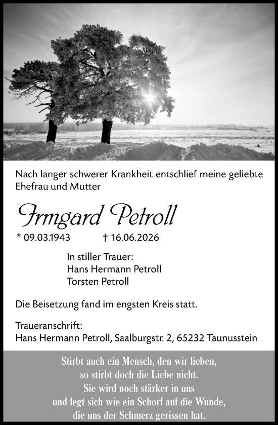 Traueranzeige von Irmgard Petroll von Rheingau-Taunus-Kreis Wochenblatt
