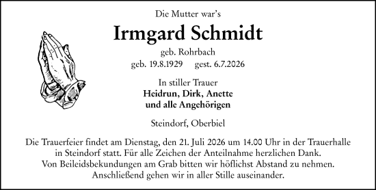 Traueranzeige von Irmgard Schmidt von Wetzlarer Neue Zeitung