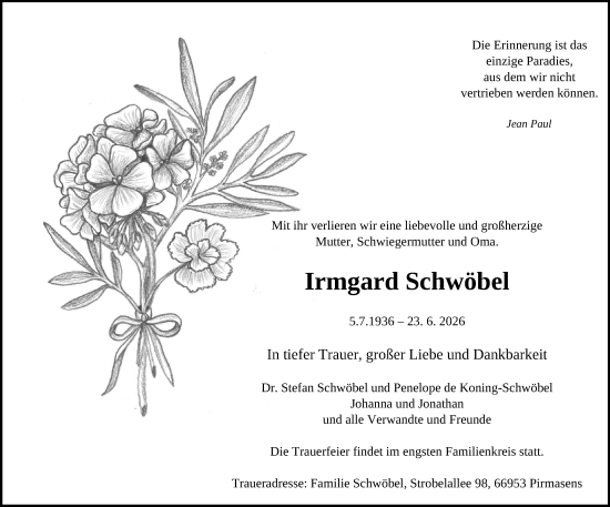 Traueranzeige von Irmgard Schwöbel von Wormser Zeitung