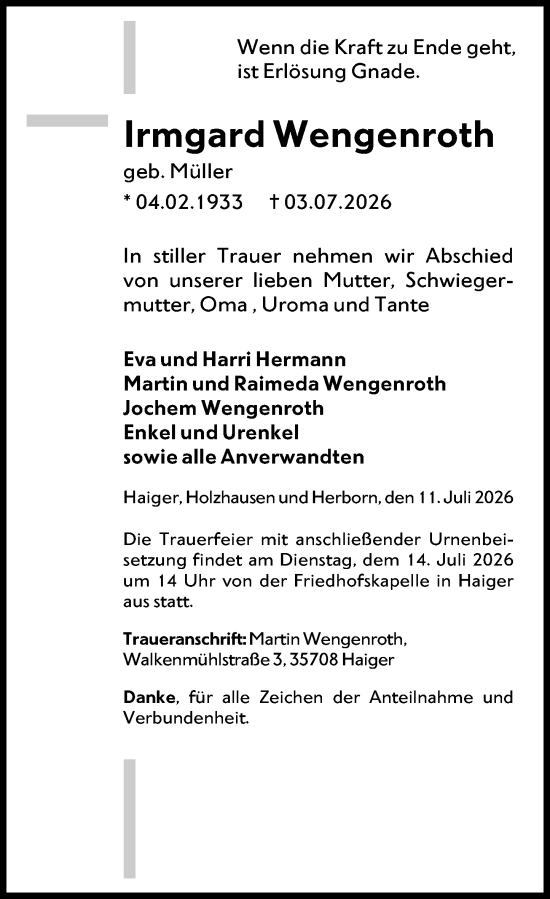 Traueranzeige von Irmgard Wengenroth von Dill Block