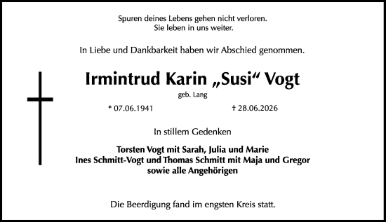 Traueranzeige von Irmintrud Karin Vogt von Darmstädter Echo