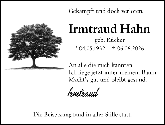 Traueranzeige von Irmtraud Hahn von Wetzlarer Neue Zeitung