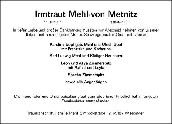 Traueranzeige von Irmtraut Mehl-von Metnitz von Wiesbadener Kurier
