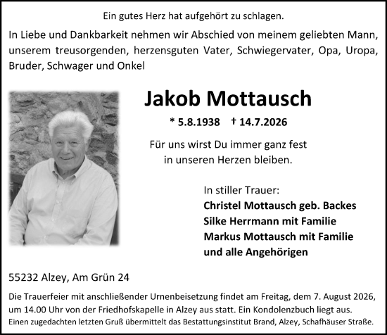 Traueranzeige von Jakob Mottausch von Allgemeine Zeitung Alzey
