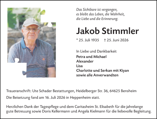 Traueranzeige von Jakob Stimmler von Starkenburger Echo
