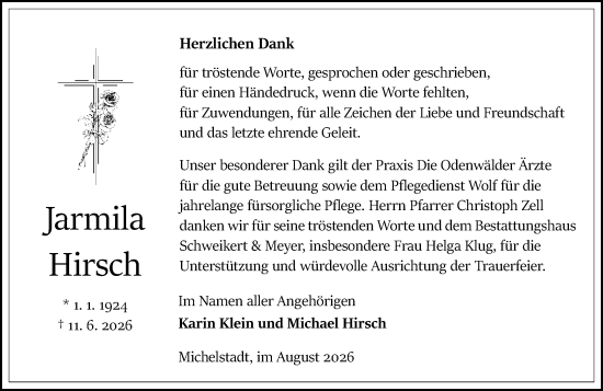 Traueranzeige von Jarmila Hirsch von Odenwälder Echo