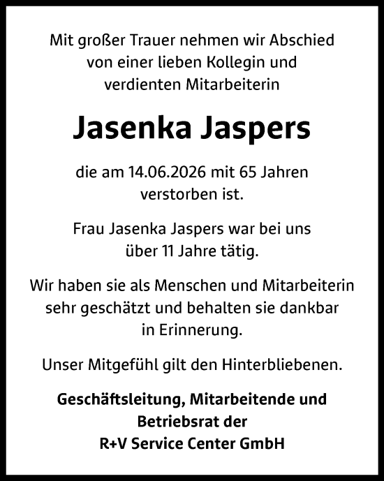 Traueranzeige von Jasenka Jaspers von Wiesbadener Kurier
