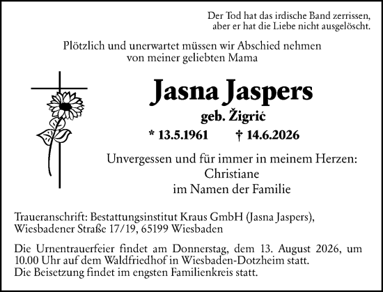 Traueranzeige von Jasna Jaspers von Wiesbadener Kurier