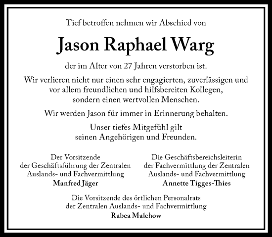 Traueranzeige von Jason Raphael Warg von Groß-Gerauer Echo
