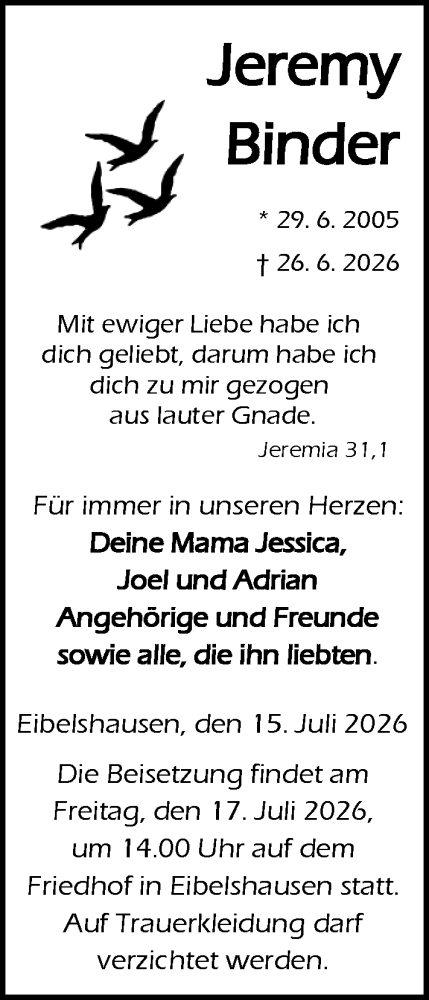Traueranzeige von Jeremy Binder von Dill Block