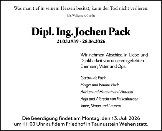 Traueranzeige von Jochen Pack von Wiesbadener Kurier