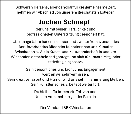 Traueranzeige von Jochen Schnepf von Wiesbadener Kurier