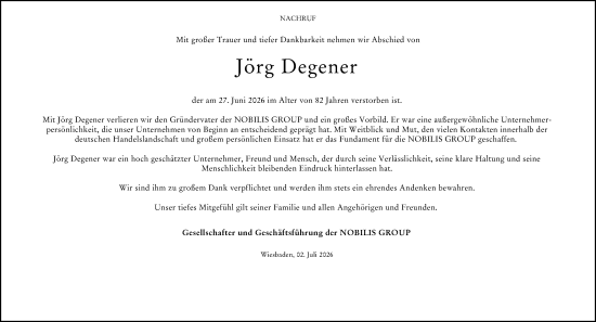 Traueranzeige von Jörg Degener von Wiesbadener Kurier