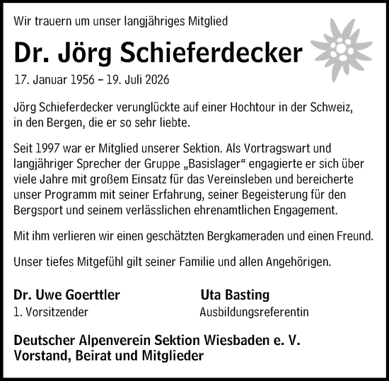 Traueranzeige von Jörg Schieferdecker von Wiesbadener Kurier