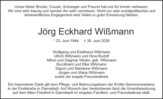 Traueranzeige von Jörg Eckhard Wißmann von Darmstädter Echo
