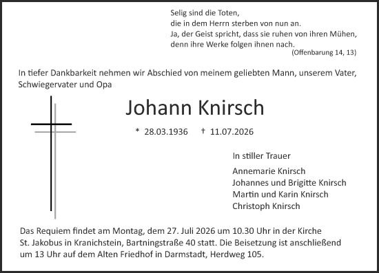 Traueranzeige von Johann Knirsch von Darmstädter Echo