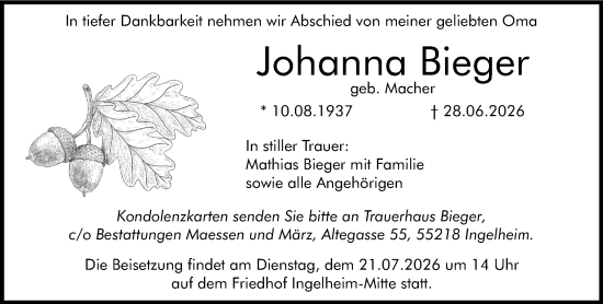 Traueranzeige von Johanna Bieger von Allgemeine Zeitung Rheinhessen-Nahe