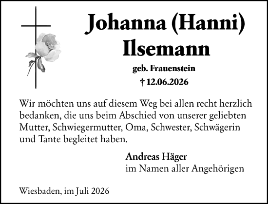 Traueranzeige von Johanna Ilsemann von Wiesbadener Kurier