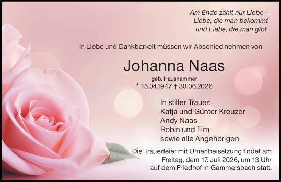 Traueranzeige von Johanna Naas von Odenwälder Echo