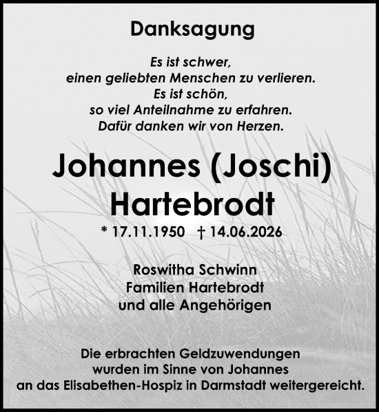 Traueranzeige von Johannes Hartebrodt von Darmstädter Echo