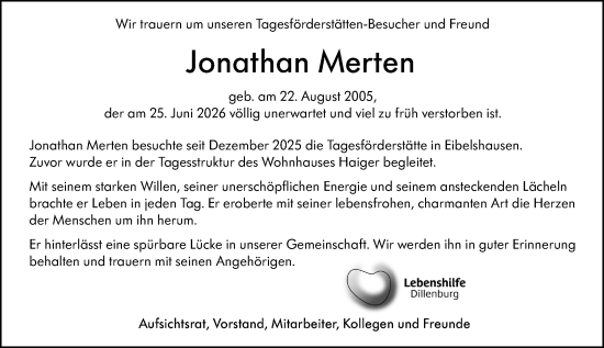 Traueranzeige von Jonathan Merten von Dill Block