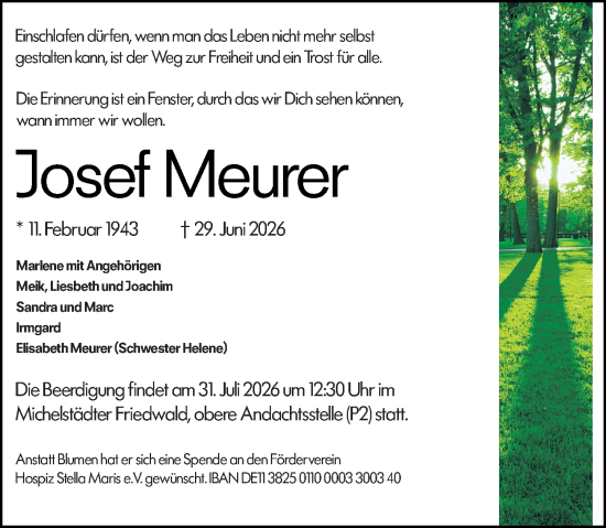 Traueranzeige von Josef Meurer von Odenwälder Echo