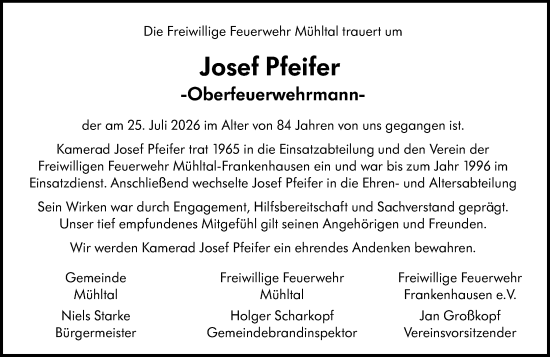 Traueranzeige von Josef Pfeifer von Darmstädter Echo