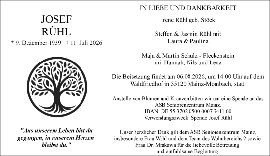 Traueranzeige von Josef Rühl von Allgemeine Zeitung Mainz