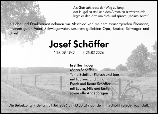 Traueranzeige von Josef Schäffer von Hinterländer Anzeiger