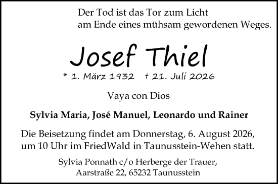 Traueranzeige von Josef Thiel von Idsteiner Land/Untertaunus
