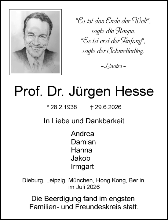 Traueranzeige von Jürgen Hesse von Dieburger Anzeiger/Groß-Zimmerner Lokal-Anzeiger