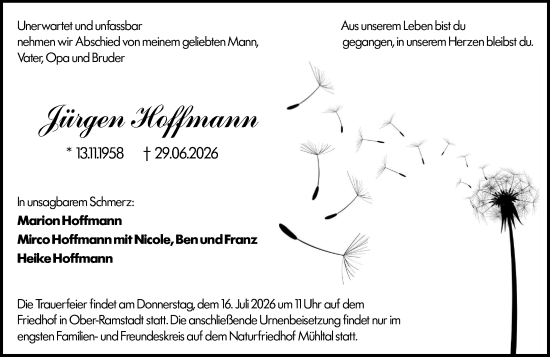Traueranzeige von Jürgen Hoffmann von Darmstädter Echo