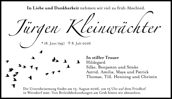 Traueranzeige von Jürgen Kleinwächter von Idsteiner Land/Untertaunus