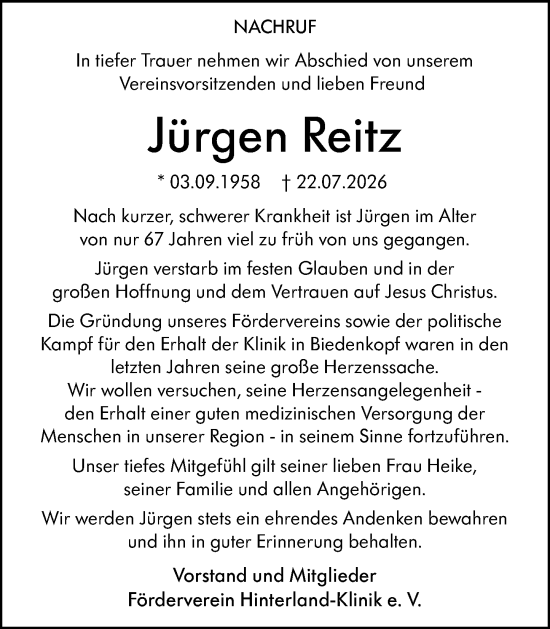 Traueranzeige von Jürgen Reitz von Hinterländer Anzeiger