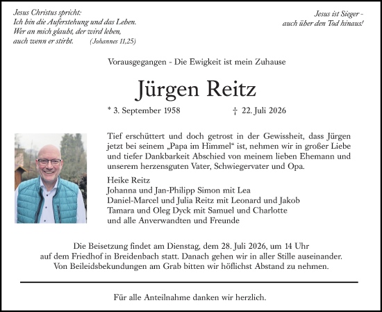 Traueranzeige von Jürgen Reitz von Hinterländer Anzeiger