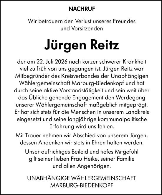 Traueranzeige von Jürgen Reitz von Hinterländer Anzeiger