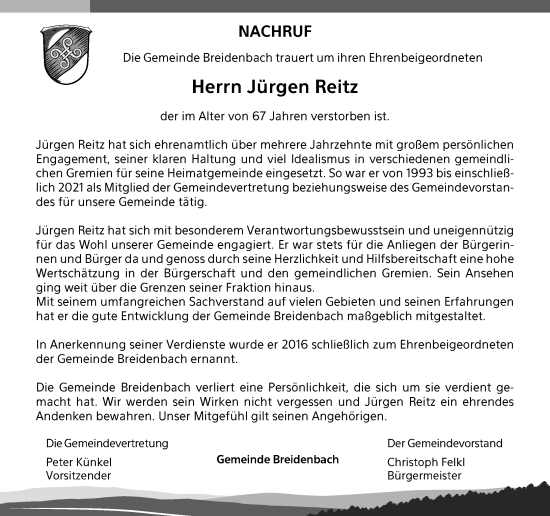 Traueranzeige von Jürgen Reitz von Hinterländer Anzeiger