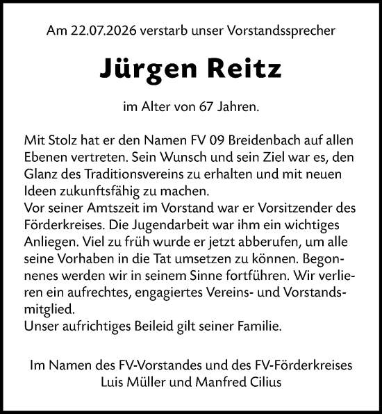 Traueranzeige von Jürgen Reitz von Hinterländer Anzeiger