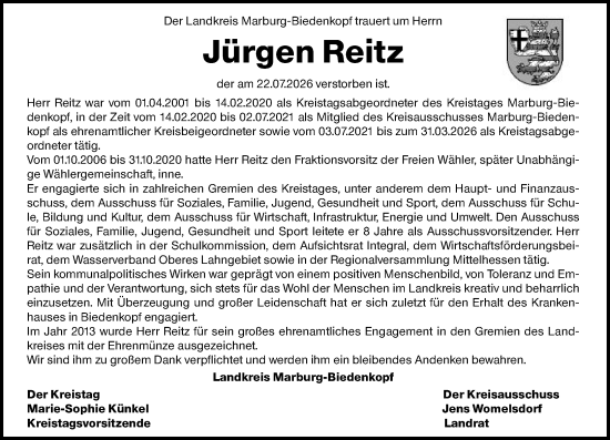 Traueranzeige von Jürgen Reitz von Hinterländer Anzeiger
