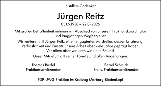 Traueranzeige von Jürgen Reitz von Hinterländer Anzeiger