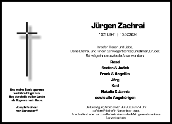 Traueranzeige von Jürgen Zachrai von Dill Block