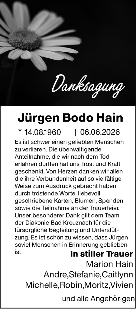 Traueranzeige von Jürgen Bodo Hain von Binger-/Ingelheimer Wochenblatt